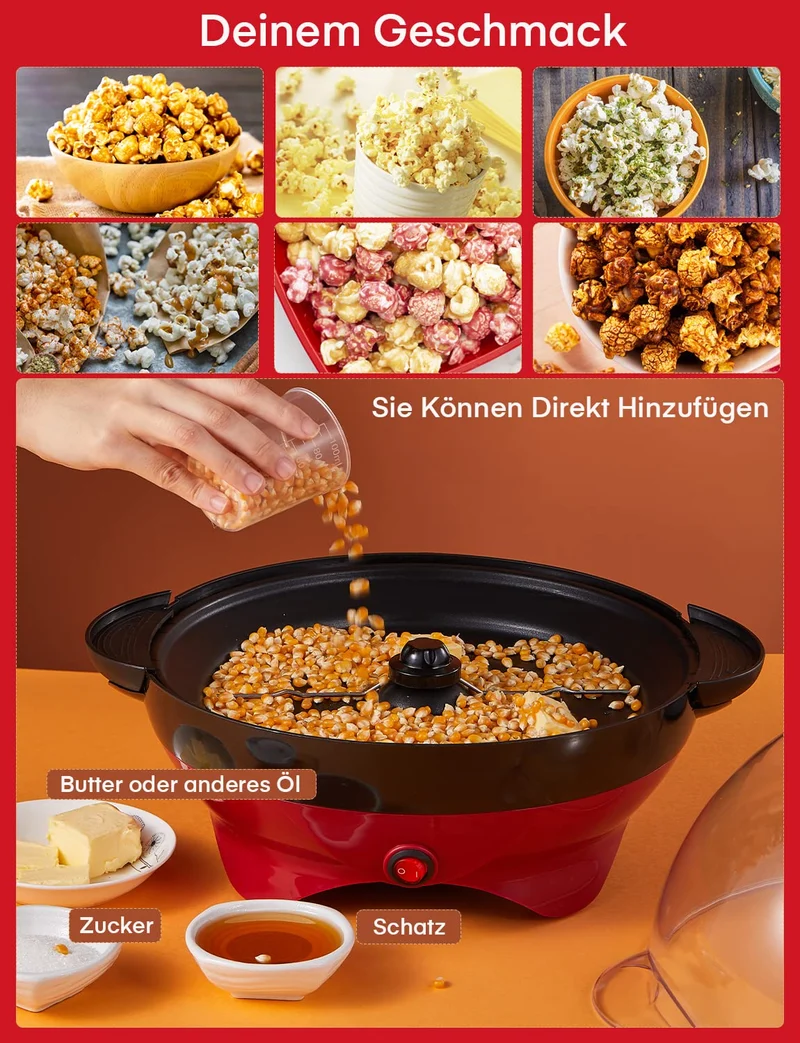 Popcornmaschine,5.5L Popcorn Maker für Zuhause,Popcorn Machine mit Zucker, Butter, Antihaftbeschichtung und Abnehmbares Heizfläche, Stille und Schnelle, Großer Deckel als Servierschale (RED)