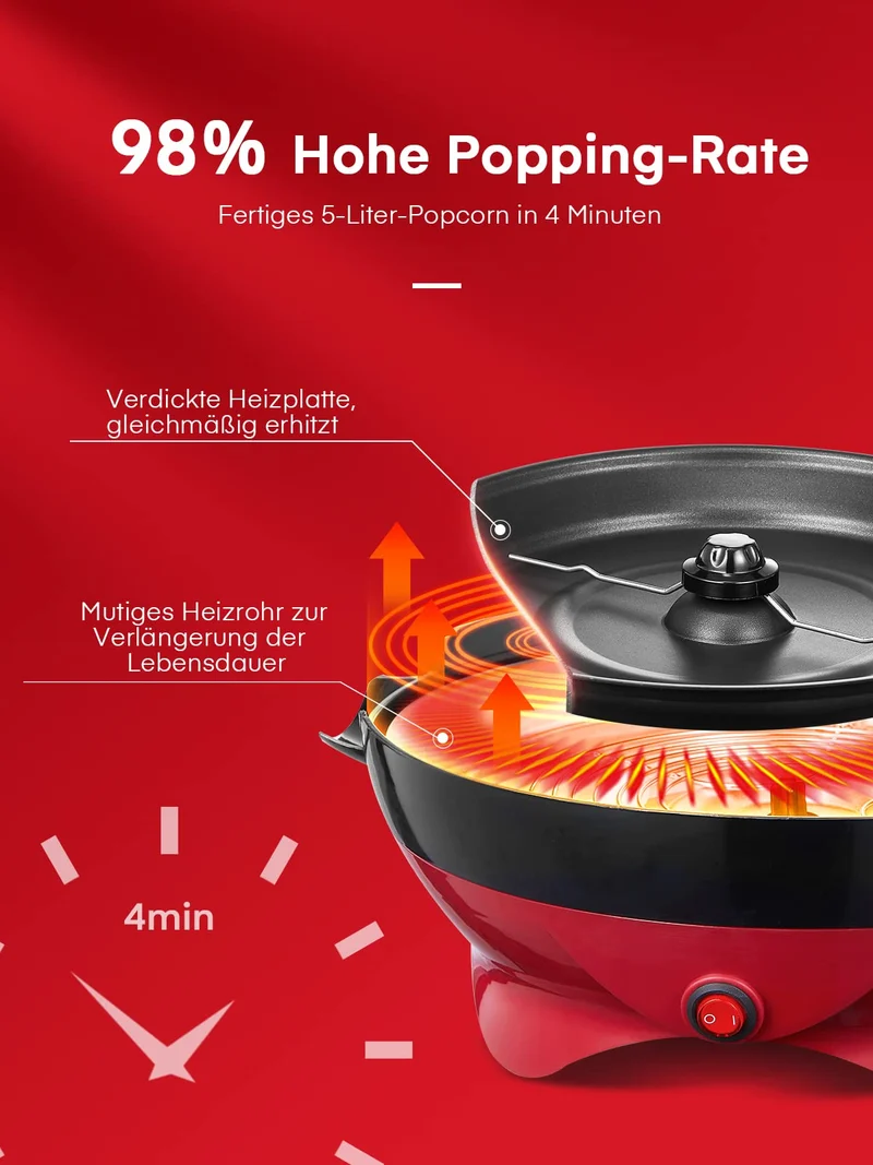 Popcornmaschine,5.5L Popcorn Maker für Zuhause,Popcorn Machine mit Zucker, Butter, Antihaftbeschichtung und Abnehmbares Heizfläche, Stille und Schnelle, Großer Deckel als Servierschale (RED)