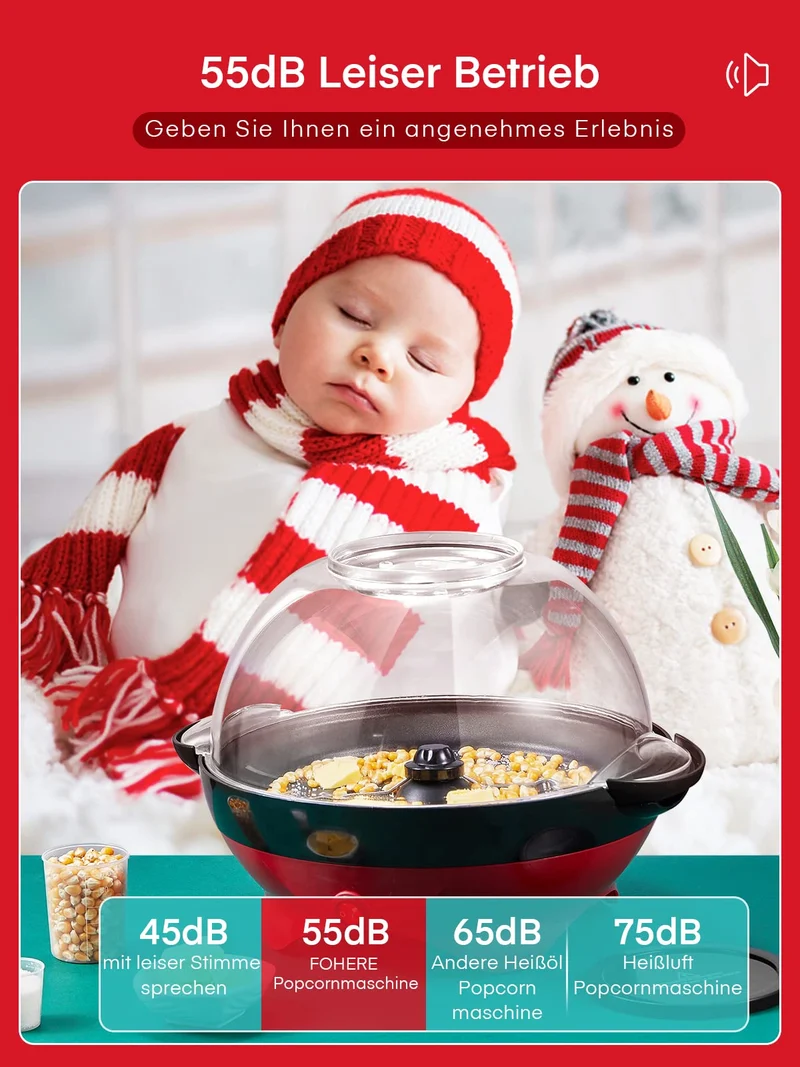 Popcornmaschine,5.5L Popcorn Maker für Zuhause,Popcorn Machine mit Zucker, Butter, Antihaftbeschichtung und Abnehmbares Heizfläche, Stille und Schnelle, Großer Deckel als Servierschale (RED)