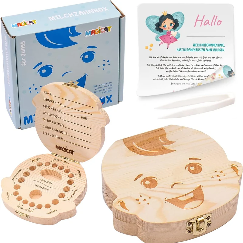 Milchzahndose Jungen, Zahndose aus Holz, Dose zur Aufbewahrung von Milchzähnen, Baby Milchzähne Box als Geschenk zum Geburtstag oder Taufe, inkl. Pinzette und Zahnfee Geschichte