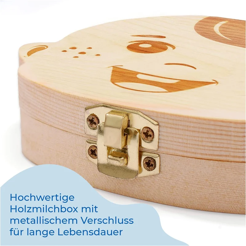 Milchzahndose Jungen, Zahndose aus Holz, Dose zur Aufbewahrung von Milchzähnen, Baby Milchzähne Box als Geschenk zum Geburtstag oder Taufe, inkl. Pinzette und Zahnfee Geschichte