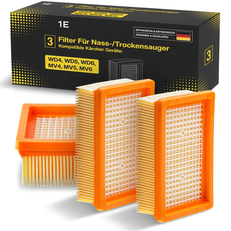 3 x Flachfalten-Filter für Kärcher Staubsauger WD4, WD5, WD6 / MV4, MV5, MV6 – 3 x Flachfalten-Filter gegen Feinstaub & Gerüche