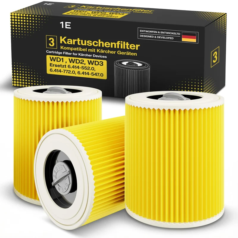 3 x Flachfalten-Filter für Kärcher Staubsauger WD4, WD5, WD6 / MV4, MV5, MV6 – 3 x Flachfalten-Filter gegen Feinstaub & Gerüche