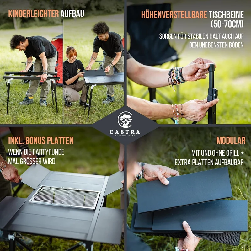 Campingtisch mit integriertem Grill – Aluminium 7075, höhenverstellbar, Outdoor wetterfest, innovatives Faltsystem, Multifunktionstisch & Camping Zubehör für Garten, Reisen & Angeln