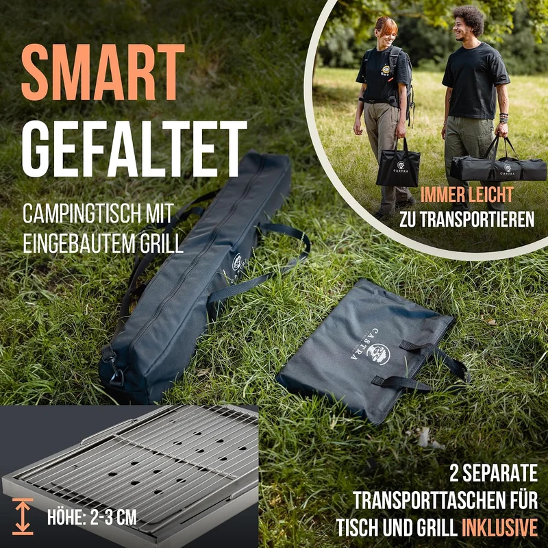 Campingtisch mit integriertem Grill – Aluminium 7075, höhenverstellbar, Outdoor wetterfest, innovatives Faltsystem, Multifunktionstisch & Camping Zubehör für Garten, Reisen & Angeln