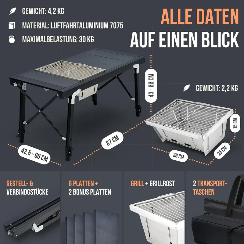 Campingtisch mit integriertem Grill – Aluminium 7075, höhenverstellbar, Outdoor wetterfest, innovatives Faltsystem, Multifunktionstisch & Camping Zubehör für Garten, Reisen & Angeln