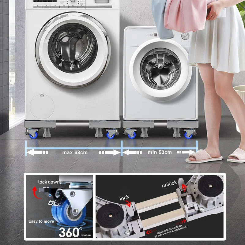 Waschmaschinen Untergestell mit 4 Füßen für Waschwaschine,Kühlschrank und Trockner,Verstellbare Waschmaschinensockel mit Rutschfester Stoßdämpfungsfunktion,(Einstellbare:42-65cm) | Verstellbare Breite 42-65cm Waschmaschinensockel mit Rutschfester St