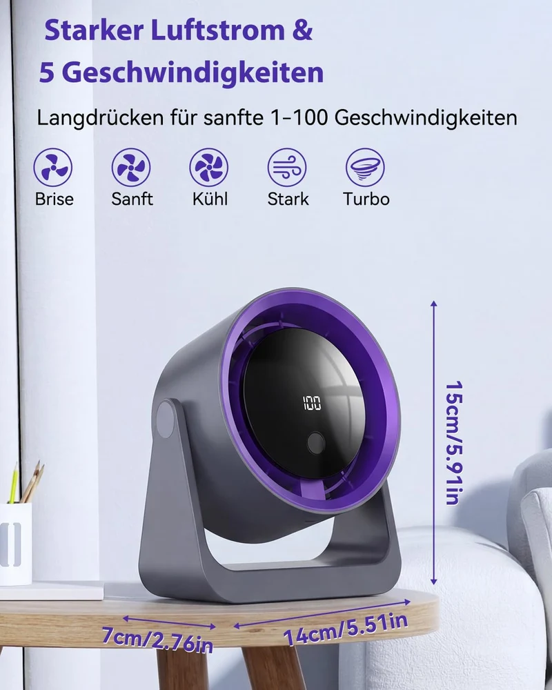 Leiser Turbo Tischventilator mit Digitalem LED-Display, 100-stufig einstellbar & 360° neigbar - 3600mAh USB-wiederaufladbar - Ideal für Büro, Schlafzimmer, Zuhause & Outdoor