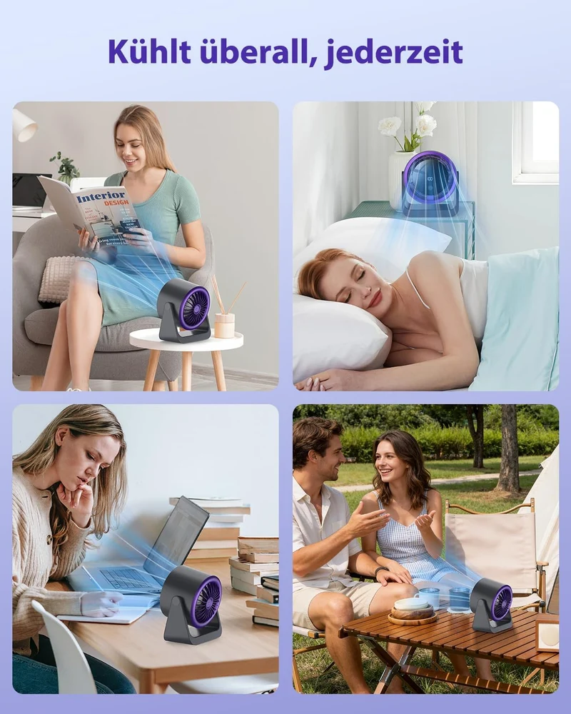 Leiser Turbo Tischventilator mit Digitalem LED-Display, 100-stufig einstellbar & 360° neigbar - 3600mAh USB-wiederaufladbar - Ideal für Büro, Schlafzimmer, Zuhause & Outdoor