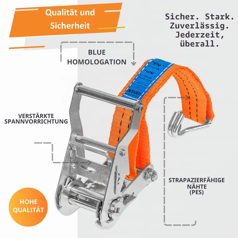Spanngurte mit Ratsche und Haken - 4m / 6m / 8m - 2000kg 35mm - 4 Stück - Ratschen Set - Ratschengurt 2-Teilig - Zurrgurt Orange - TÜV GS Geprüft und gemäß DIN EN 12195-2 (Orange, 6m)