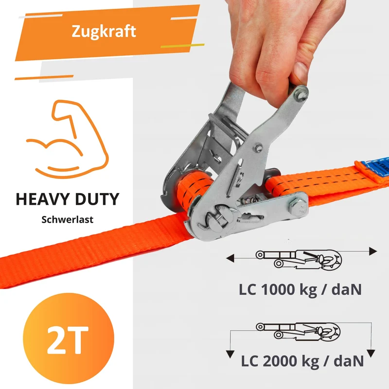 Spanngurte mit Ratsche und Haken - 4m / 6m / 8m - 2000kg 35mm - 4 Stück - Ratschen Set - Ratschengurt 2-Teilig - Zurrgurt Orange - TÜV GS Geprüft und gemäß DIN EN 12195-2 (Orange, 6m)