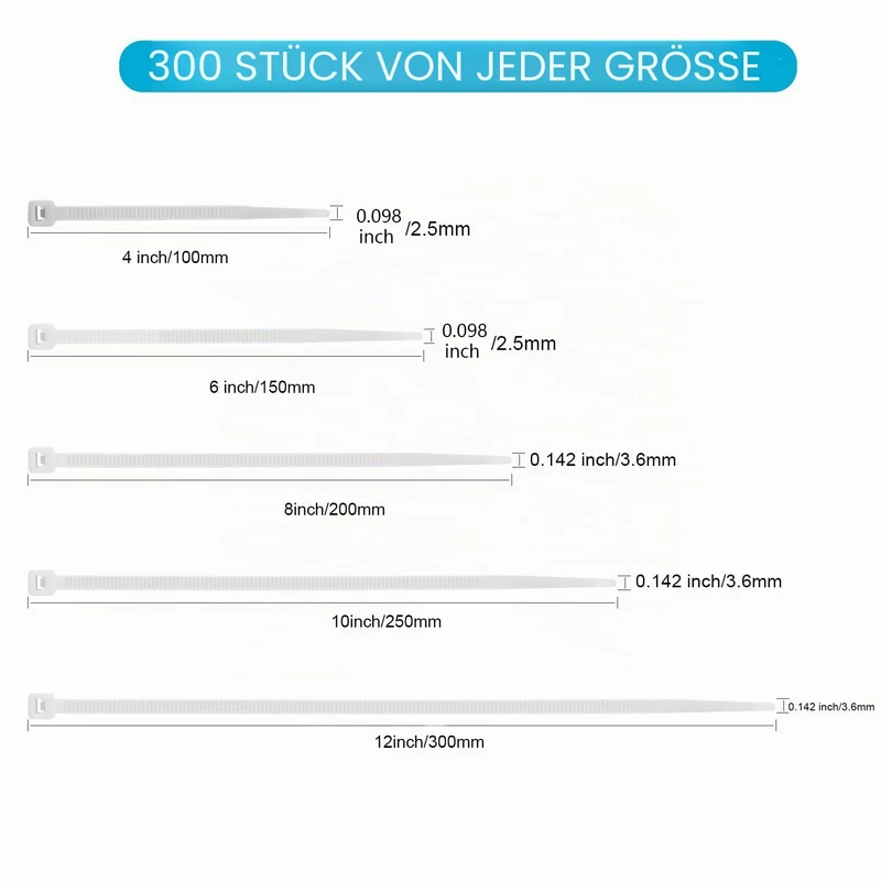 1500 Stück Kabelbinder Schwarz Set, 100/150/200/300 mm(je 300 Stück), UV Beständig Nylon Verschiedene Größen Super Haltbar Selbsthemmend Kabelbinder für Zuhause, Büro, Garten und Werkstatt
