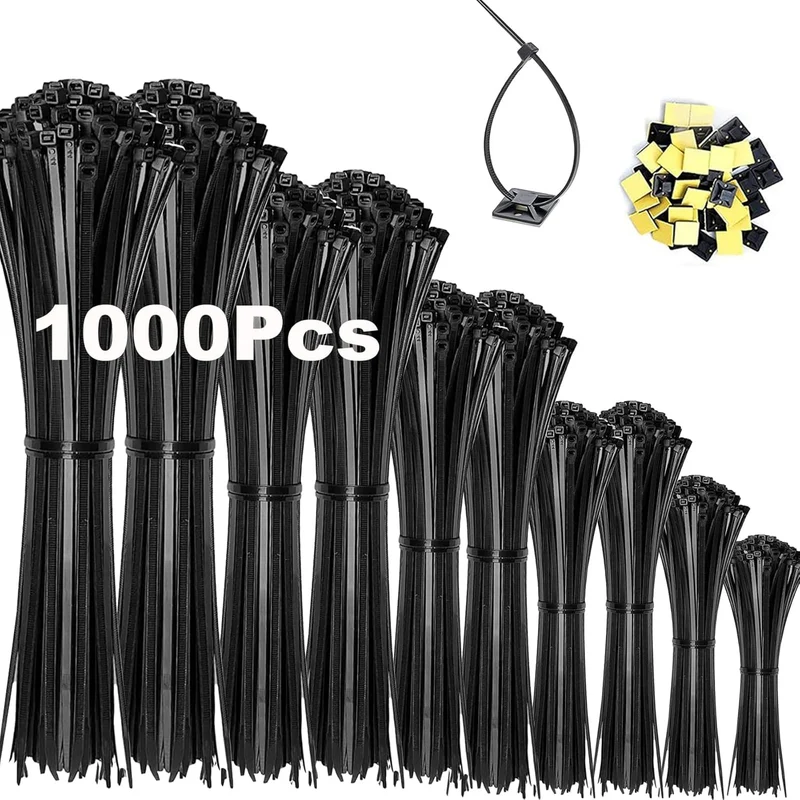 1000 Stück Kabelbinder Schwarz 100/150/200/250/300mm Und 20 Klebesockel, Kabelbinder set, UV Beständig, Hitzebeständig, Kunststoff Kabel Binder Set
