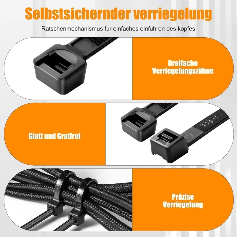 1000 Stück Kabelbinder Schwarz 100/150/200/250/300mm Und 20 Klebesockel, Kabelbinder set, UV Beständig, Hitzebeständig, Kunststoff Kabel Binder Set
