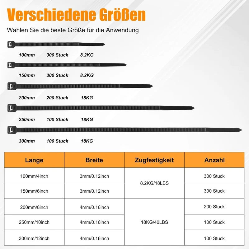 1000 Stück Kabelbinder Schwarz 100/150/200/250/300mm Und 20 Klebesockel, Kabelbinder set, UV Beständig, Hitzebeständig, Kunststoff Kabel Binder Set