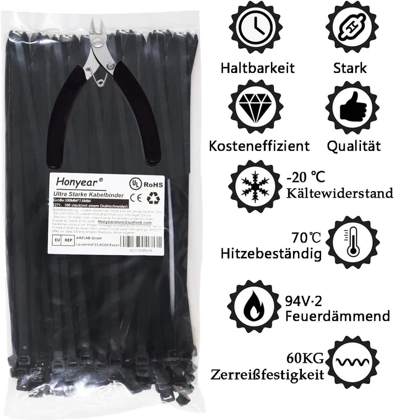 1000 Stück Kabelbinder Schwarz 100/150/200/250/300mm Und 20 Klebesockel, Kabelbinder set, UV Beständig, Hitzebeständig, Kunststoff Kabel Binder Set