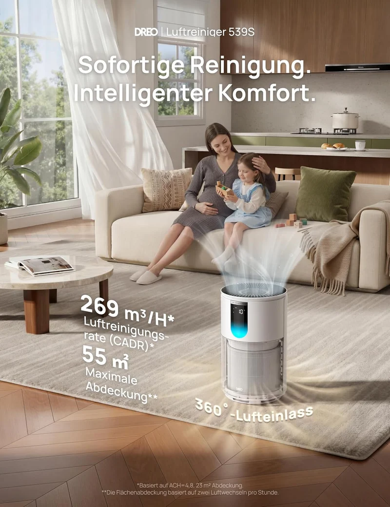 Luftreiniger für Schlafzimmer bis 109 m², gegen Gerüche, Pollen & Rauch, AHAM-verifiziert, 3-in-1 HEPA-Filter, PM2,5-Sensor, Luftqualitätsmonitor, 18 dB, WLAN, Alexa