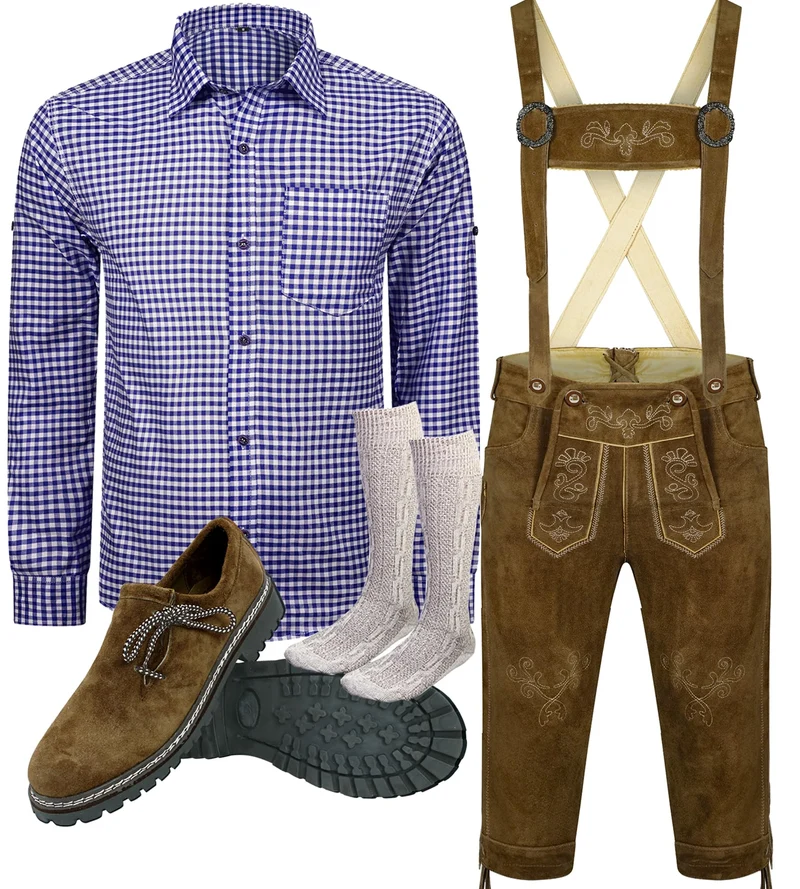 Oktoberfest Kostümset für Herren (Hose + Hemd + Schuhe + Socken) Bayerische Lederhosen, Traditionelle Hosen / NEU & Originalverpackt!