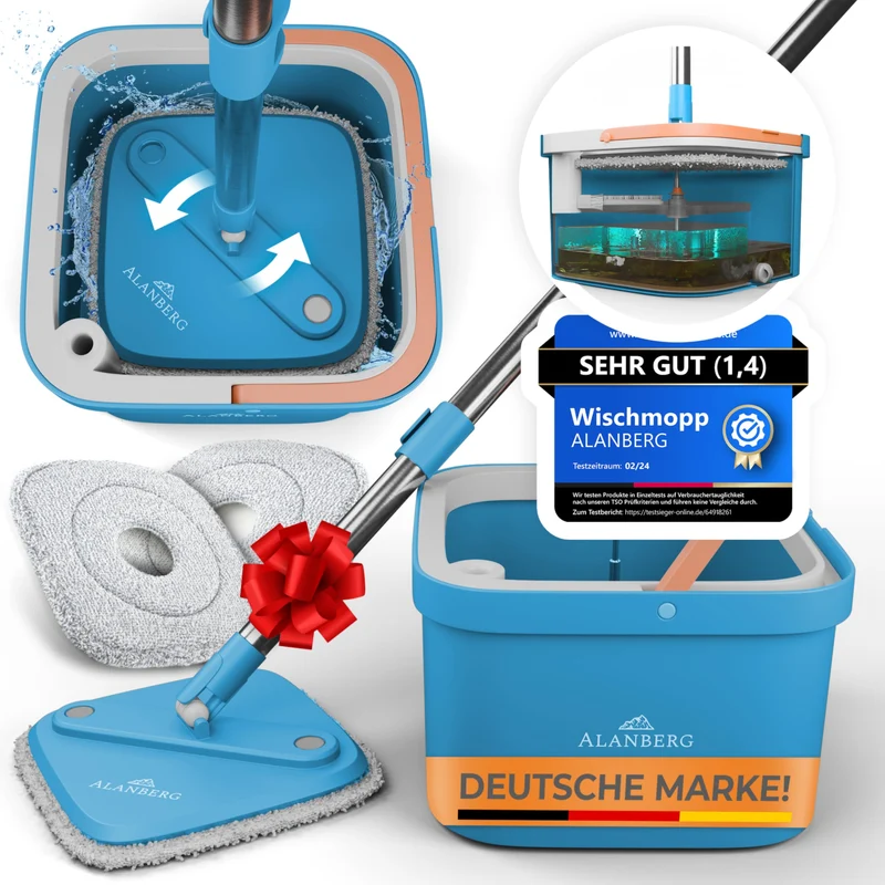 Wischmopp Set mit Eimer, 2-Kammer-System Frisch-/Schmutzwasser Trennung, selbst-auswringend, 160 cm Stiel & 2 Mikrofaser-Pads, für alle Böden, Grau