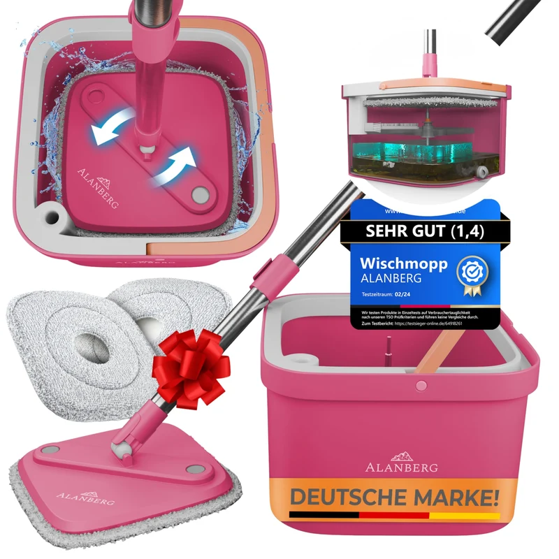 Wischmopp Set mit Eimer, 2-Kammer-System Frisch-/Schmutzwasser Trennung, selbst-auswringend, 160 cm Stiel & 2 Mikrofaser-Pads, für alle Böden, Grau