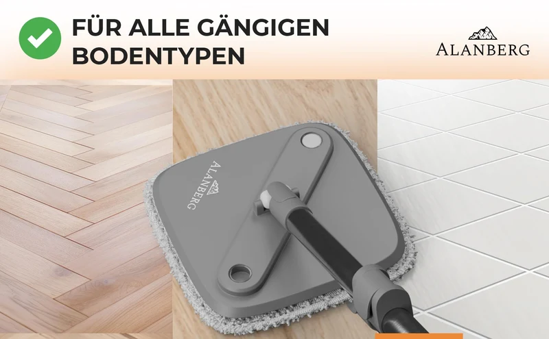 Wischmopp Set mit Eimer, 2-Kammer-System Frisch-/Schmutzwasser Trennung, selbst-auswringend, 160 cm Stiel & 2 Mikrofaser-Pads, für alle Böden, Grau