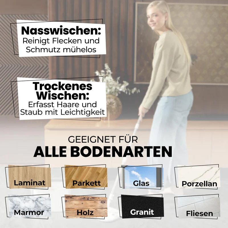 Wischmopp Set mit Eimer, 2-Kammer-System Frisch-/Schmutzwasser Trennung, selbst-auswringend, 160 cm Stiel & 2 Mikrofaser-Pads, für alle Böden, Grau