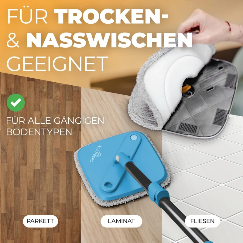 Wischmopp Set mit Eimer, 2-Kammer-System Frisch-/Schmutzwasser Trennung, selbst-auswringend, 160 cm Stiel & 2 Mikrofaser-Pads, für alle Böden, Grau