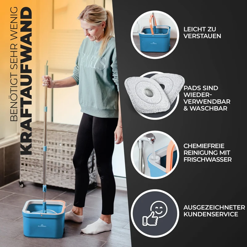 Wischmopp Set mit Eimer, 2-Kammer-System Frisch-/Schmutzwasser Trennung, selbst-auswringend, 160 cm Stiel & 2 Mikrofaser-Pads, für alle Böden, Grau