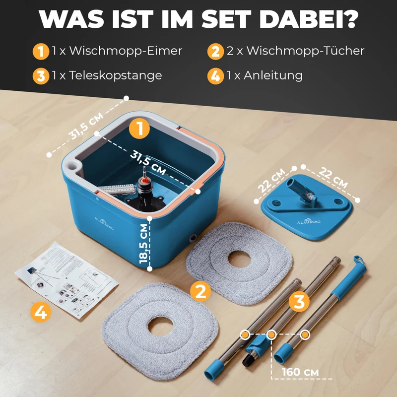 Wischmopp Set mit Eimer, 2-Kammer-System Frisch-/Schmutzwasser Trennung, selbst-auswringend, 160 cm Stiel & 2 Mikrofaser-Pads, für alle Böden, Grau