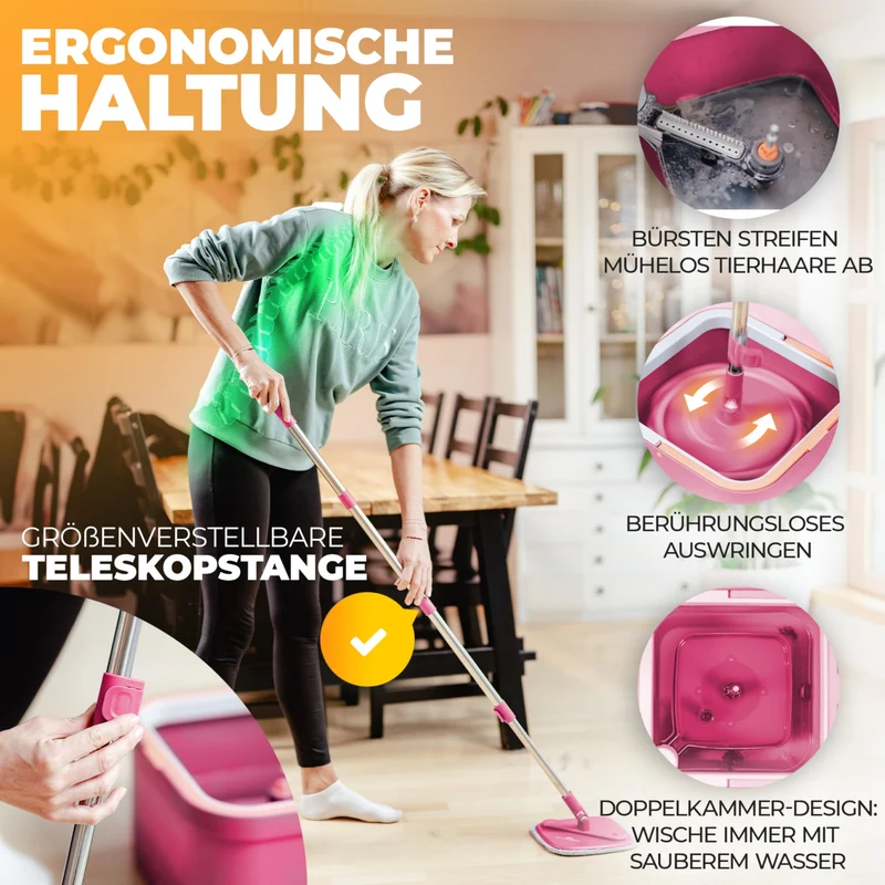 Wischmopp Set mit Eimer, 2-Kammer-System Frisch-/Schmutzwasser Trennung, selbst-auswringend, 160 cm Stiel & 2 Mikrofaser-Pads, für alle Böden, Grau