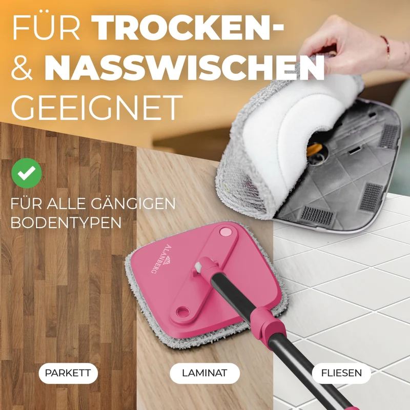 Wischmopp Set mit Eimer, 2-Kammer-System Frisch-/Schmutzwasser Trennung, selbst-auswringend, 160 cm Stiel & 2 Mikrofaser-Pads, für alle Böden, Grau