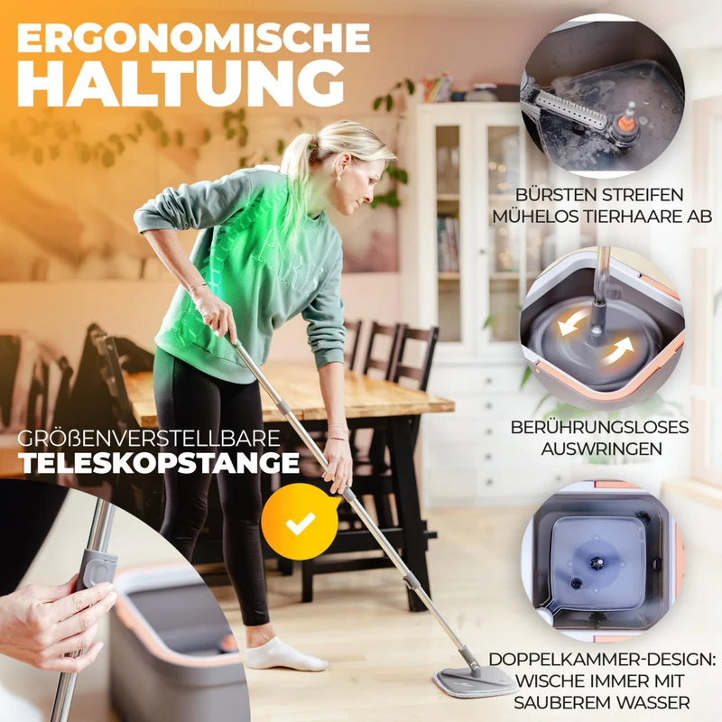 Wischmopp Set mit Eimer, 2-Kammer-System Frisch-/Schmutzwasser Trennung, selbst-auswringend, 160 cm Stiel & 2 Mikrofaser-Pads, für alle Böden, Grau