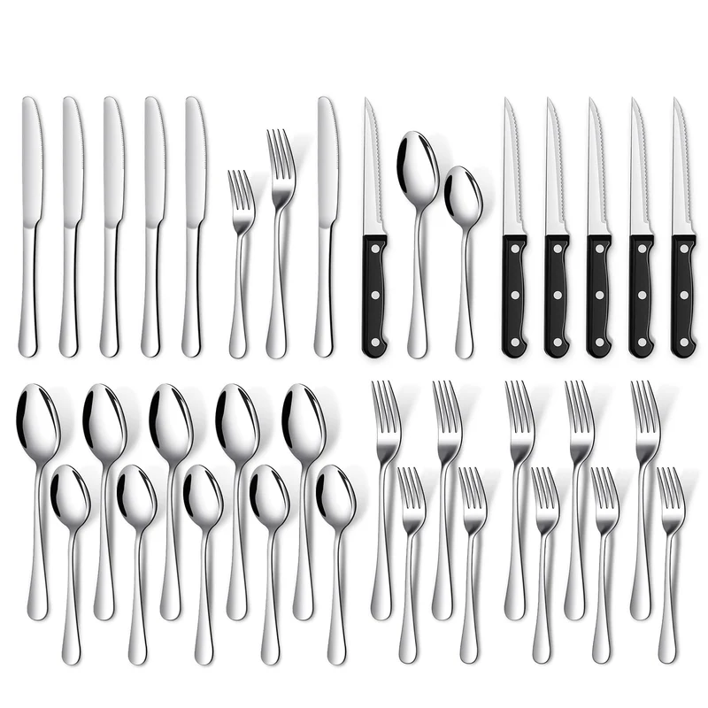 Besteck Set Schwarz für 8 Personen, 48-teiliges Edelstahlbesteckset mit Steakmesser, elegantes Besteck mit Messer, Gabel, Löffel, Besteck für Küche/Restaurant