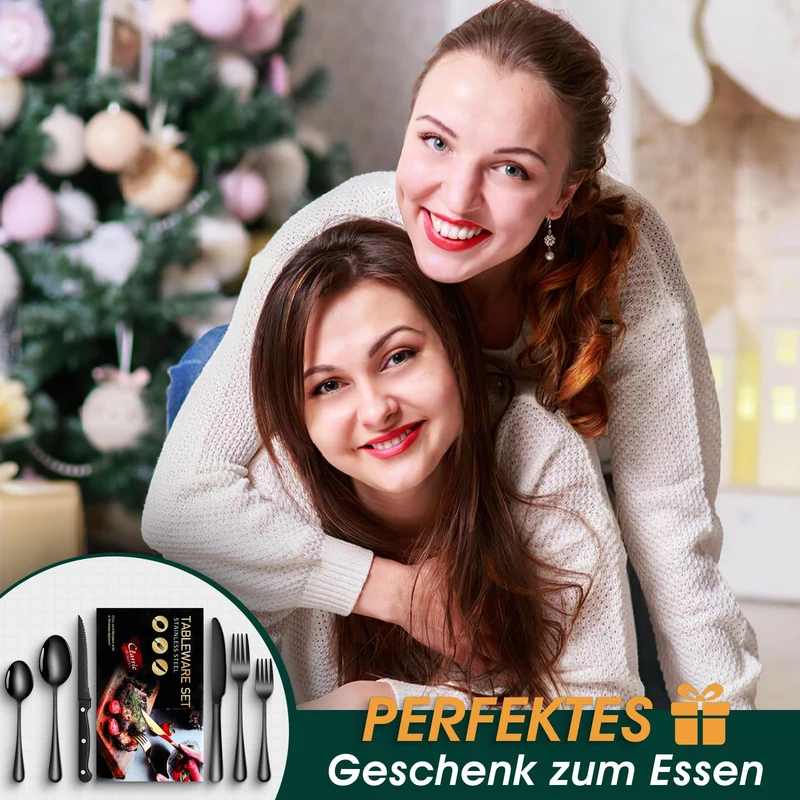 Besteck Set Schwarz für 8 Personen, 48-teiliges Edelstahlbesteckset mit Steakmesser, elegantes Besteck mit Messer, Gabel, Löffel, Besteck für Küche/Restaurant
