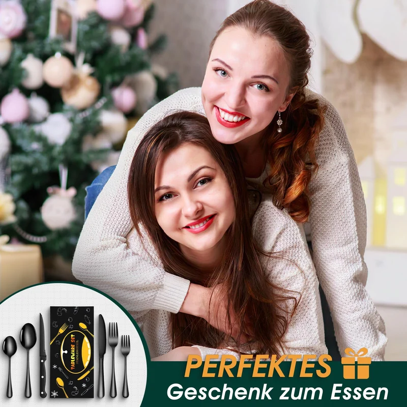 Besteck Set Schwarz für 8 Personen, 48-teiliges Edelstahlbesteckset mit Steakmesser, elegantes Besteck mit Messer, Gabel, Löffel, Besteck für Küche/Restaurant
