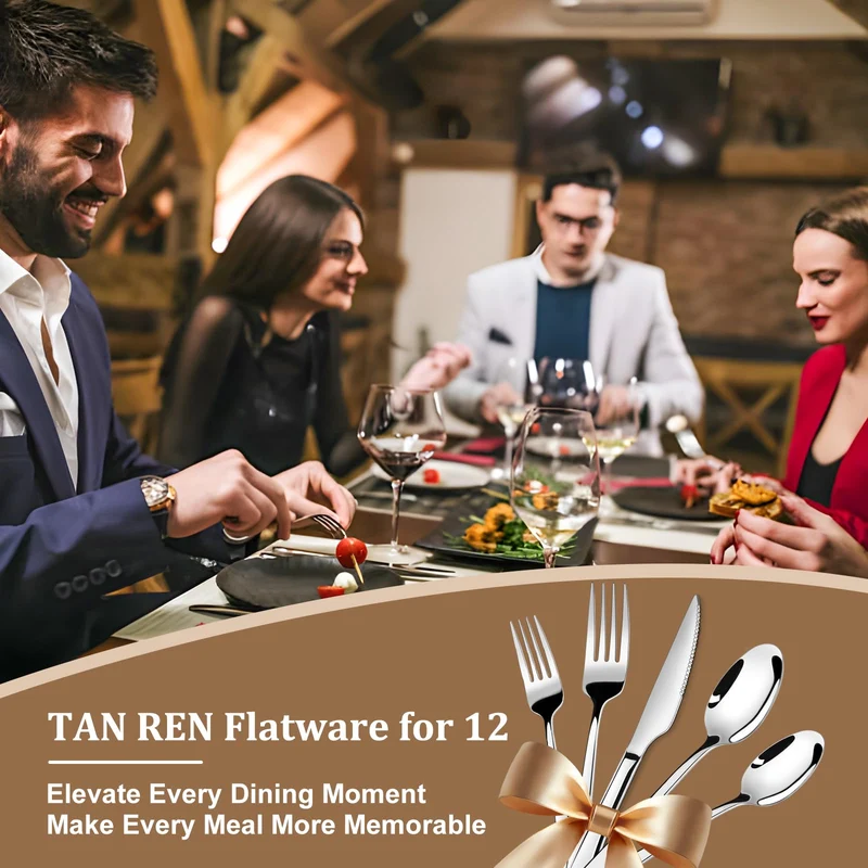 Besteck Set Schwarz für 8 Personen, 48-teiliges Edelstahlbesteckset mit Steakmesser, elegantes Besteck mit Messer, Gabel, Löffel, Besteck für Küche/Restaurant