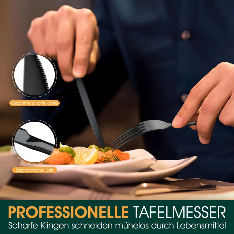 Besteck Set Schwarz für 8 Personen, 48-teiliges Edelstahlbesteckset mit Steakmesser, elegantes Besteck mit Messer, Gabel, Löffel, Besteck für Küche/Restaurant