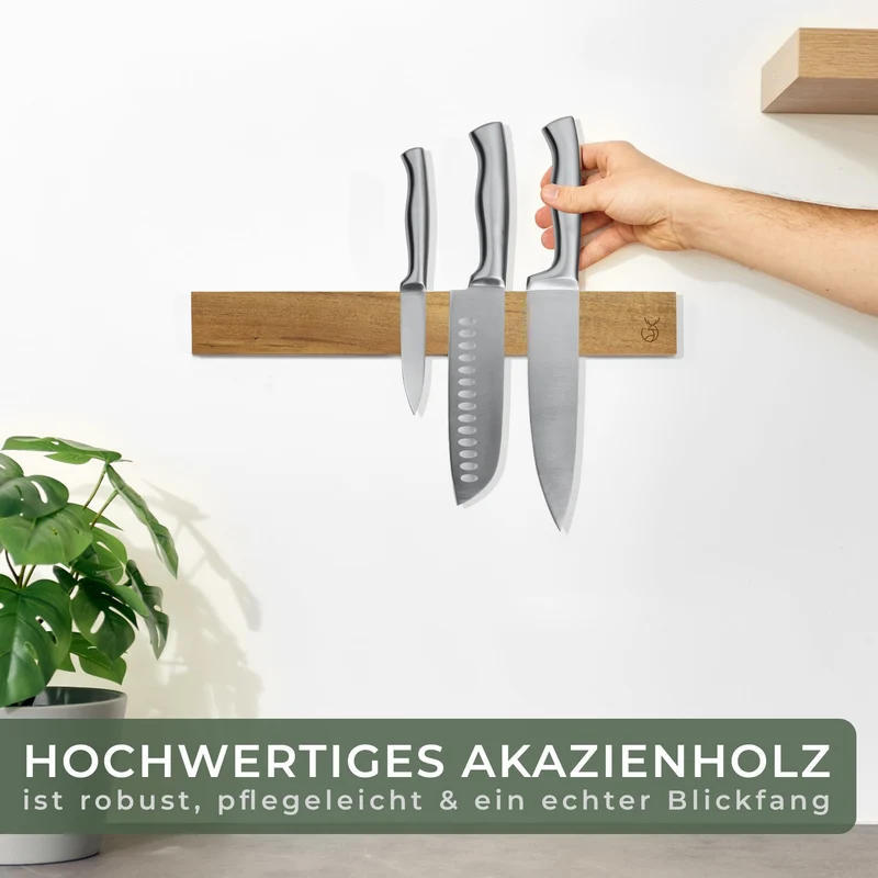 Magnetische Messerstreifen (40 x 5 cm) - Magnetstreifen aus elegantem Akazienholz - Magnetische Messerhalter für schwere Messer - Magnetische Messerstreifen zum Kleben oder Schrauben - Magnetische Messerhalterung