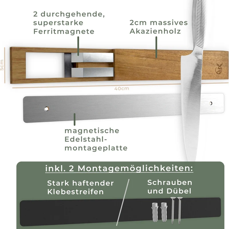 Magnetische Messerstreifen (40 x 5 cm) - Magnetstreifen aus elegantem Akazienholz - Magnetische Messerhalter für schwere Messer - Magnetische Messerstreifen zum Kleben oder Schrauben - Magnetische Messerhalterung