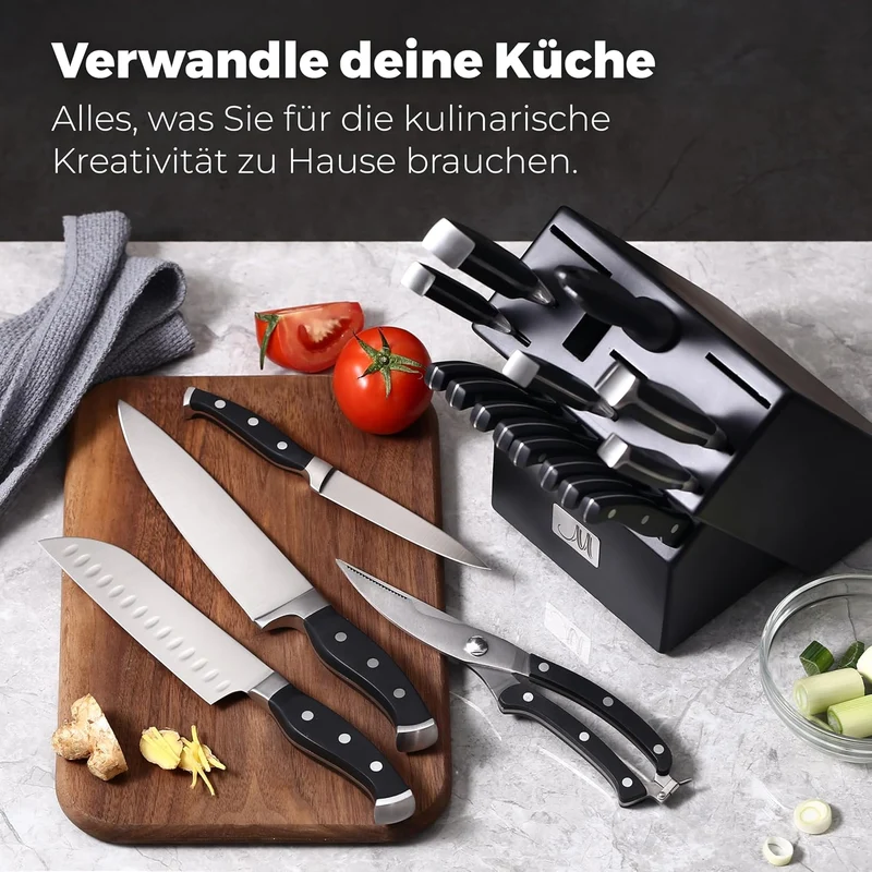 19-teiliges Premium-Küchenmesserset mit Holzblock, Master Maison Besteck aus deutschem Edelstahl mit Messerschärfer und 8 Steakmessern