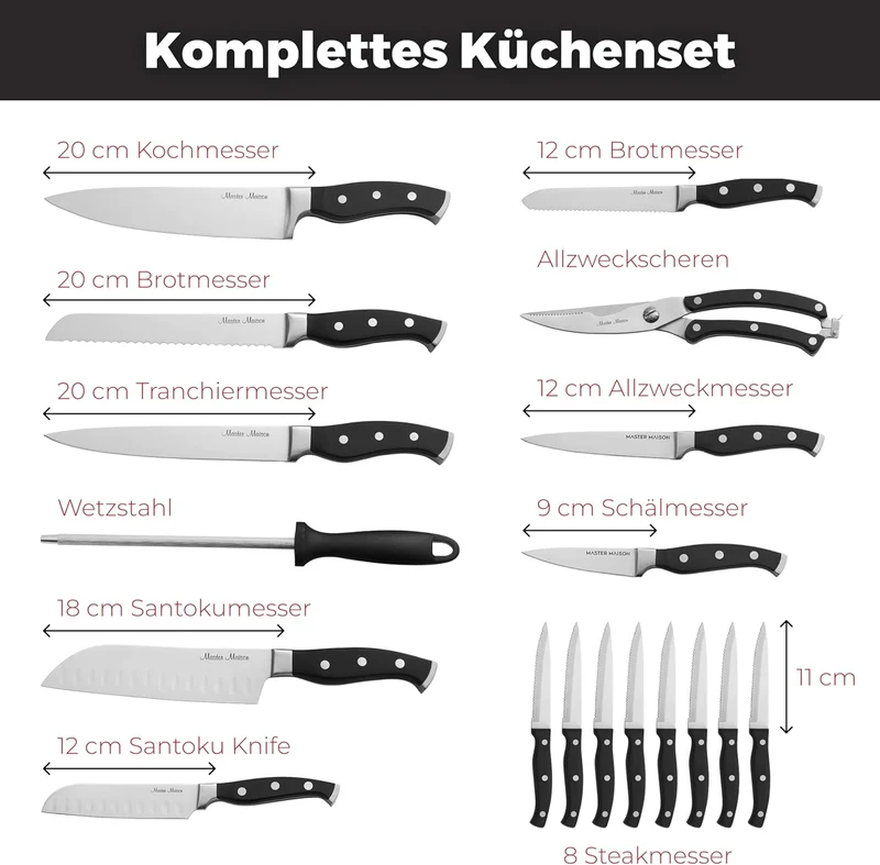 19-teiliges Premium-Küchenmesserset mit Holzblock, Master Maison Besteck aus deutschem Edelstahl mit Messerschärfer und 8 Steakmessern