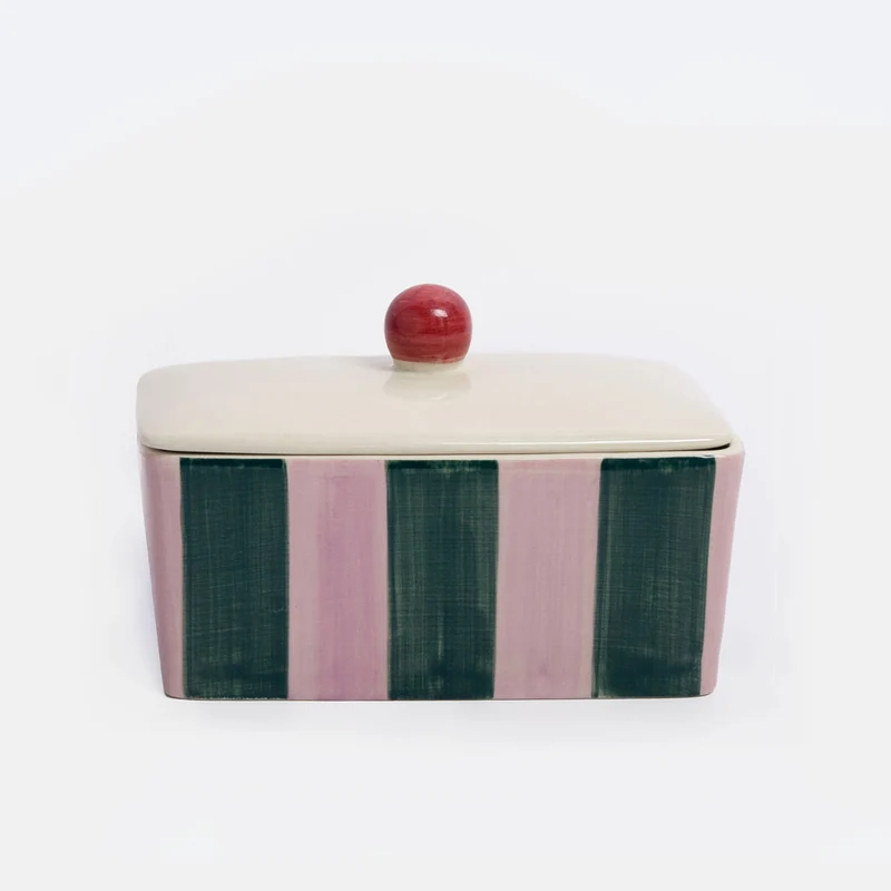 Pink & Dark Green Stripe Butter Dish