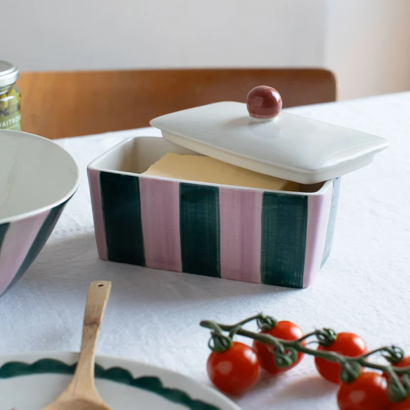Pink & Dark Green Stripe Butter Dish