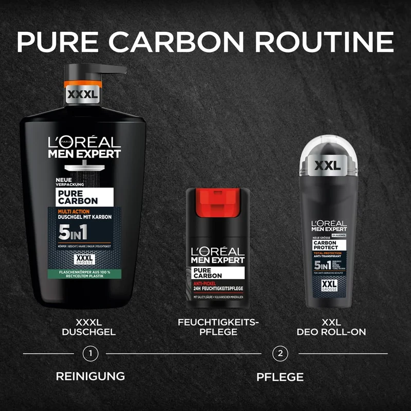 L'Oréal Men Expert XXXL 5in1 Duschgel und Shampoo für Männer, Duschbad zur Reinigung von Körper, Haar und Gesicht, Herren Körperpflege für langanhaltende Frische mit Karbon, Pure Carbon, 1 x 1000 ml