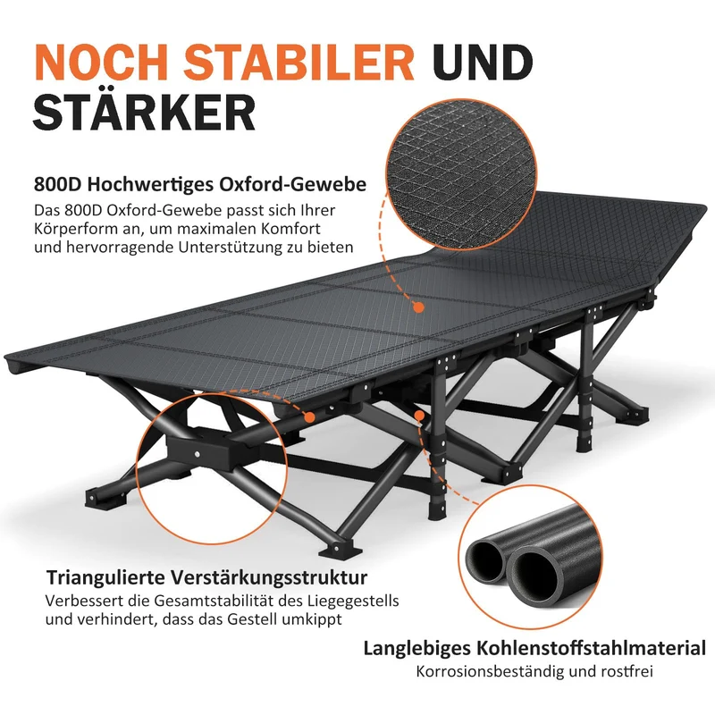 Camping Bett - Feldbett - Gästebett bis 200 kg mit Seitentasche, Portable Camping Lounge, Outdoor, Garten, Reisen, Camping, Indoor