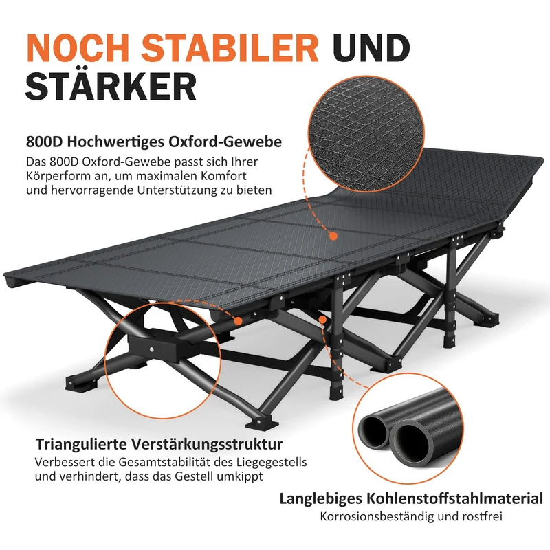 Camping Bett - Feldbett - Gästebett bis 200 kg mit Seitentasche, Portable Camping Lounge, Outdoor, Garten, Reisen, Camping, Indoor