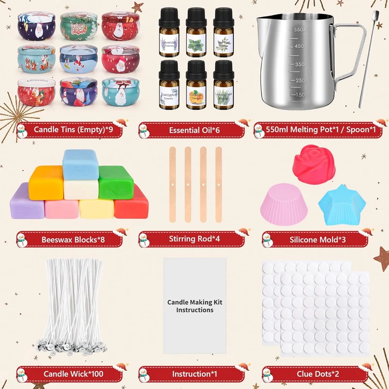 Kerzen Selber Machen Set,DIY Kerzenherstellung Kit,Duftkerze Geschenke Set mit 500g Bienenwachs,Kerzen Schmelztopf,9 Kerzendosen,6 Duftöl,3 Silikonformen,100Candle Wicks ,Rührlöffel,Dochthalter