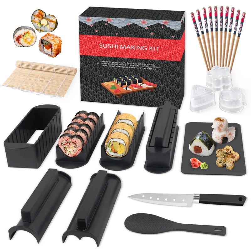 Sushi Set, 20-teiliges Kit für Anfänger, um sich selbst Sushi zu machen, Sushi-Platte mit Reisrollenformen, Gabel, Messer, Rollmatte, Sticks