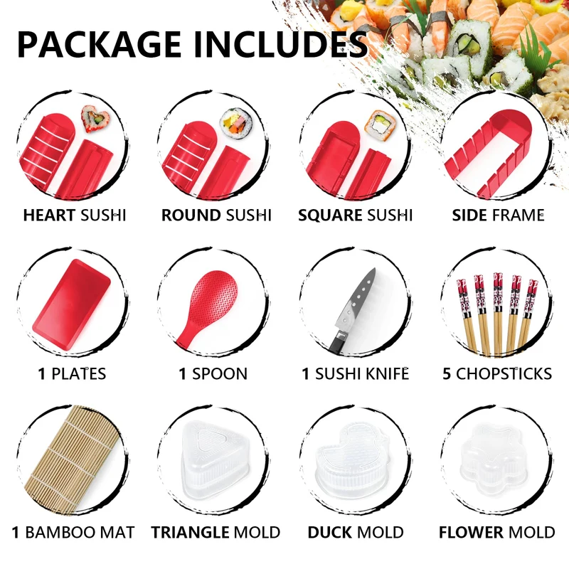 Sushi Set, 20-teiliges Kit für Anfänger, um sich selbst Sushi zu machen, Sushi-Platte mit Reisrollenformen, Gabel, Messer, Rollmatte, Sticks