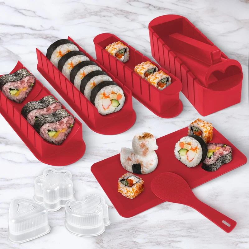 Sushi Set, 20-teiliges Kit für Anfänger, um sich selbst Sushi zu machen, Sushi-Platte mit Reisrollenformen, Gabel, Messer, Rollmatte, Sticks